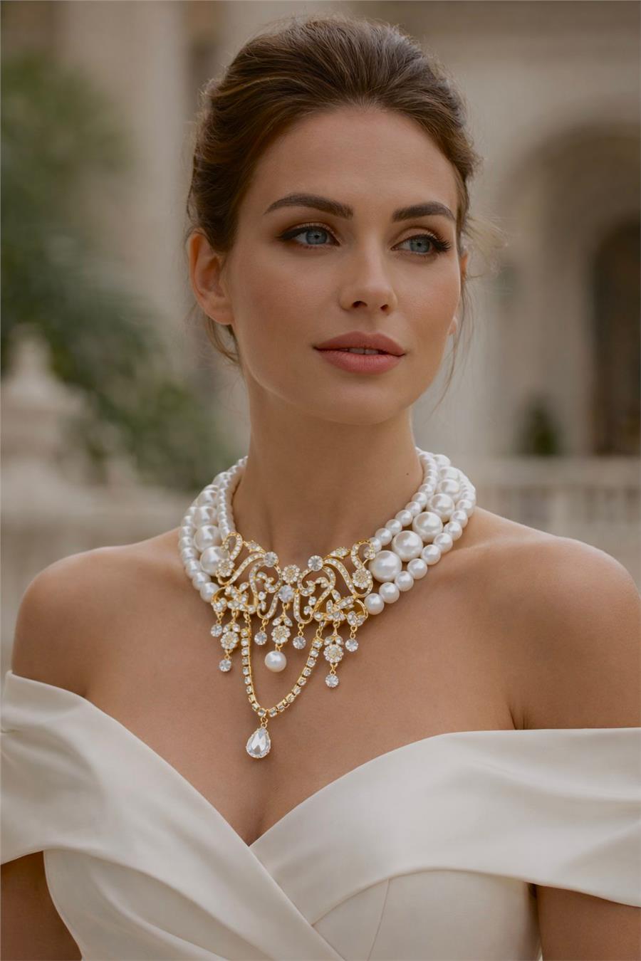 Elizabeth01 Gold ve İnci Detaylı Choker Kolye